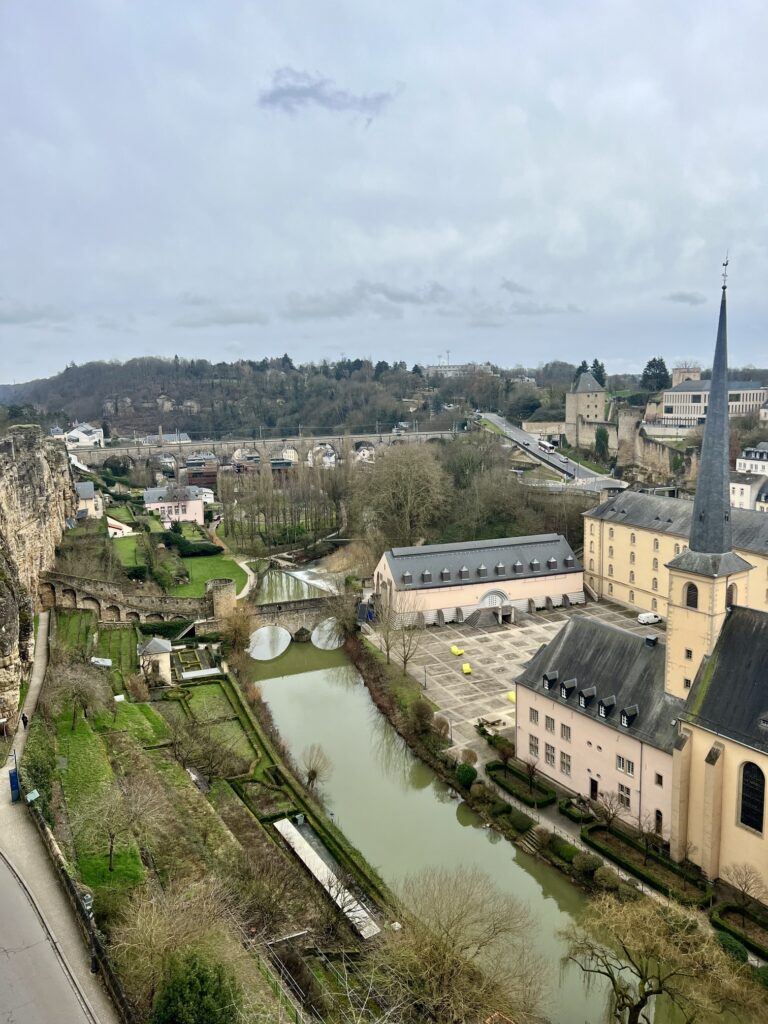 Spectacular view of Luxembourg City skyline with its historic bridges, medieval architecture, and the iconic Casemates du Bock, showcasing the charm and beauty of Luxembourg; Travel guide to Luxembourg