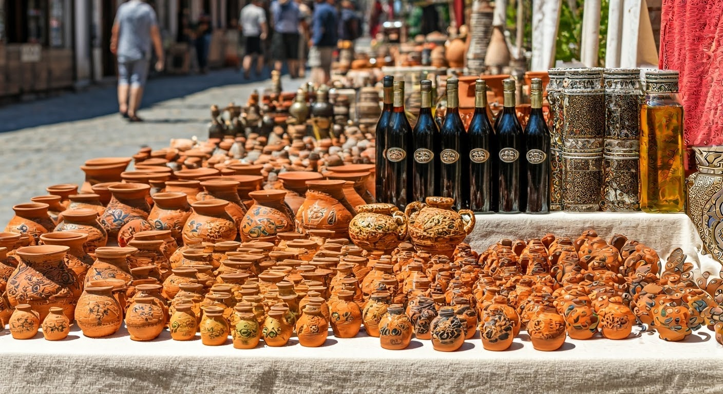 Colorful display of traditional Bulgarian souvenirs, including handwoven textiles, ornate pottery, rose oil products, wooden carvings, and decorative Martenitsa bracelets. This vibrant collection showcases Bulgaria’s rich cultural heritage and craftsmanship, perfect for travelers seeking authentic gifts and keepsakes; authentic Bulgarian souvenirs