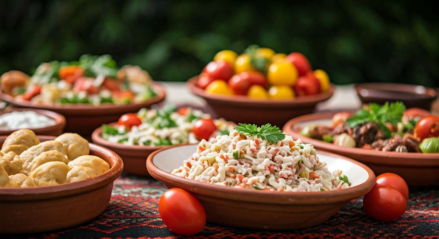 Close-up of traditional Bulgarian food on a rustic wooden table, featuring a vibrant Shopska salad with tomatoes, cucumbers, and feta cheese, alongside a hearty plate of Banitsa pastry and grilled kebapche. A bowl of tangy tarator soup sits nearby, garnished with fresh dill, capturing the authentic flavors of Bulgaria. Perfect for food lovers exploring Balkan cuisine! What Bulgarian Food to Try in Bulgaria