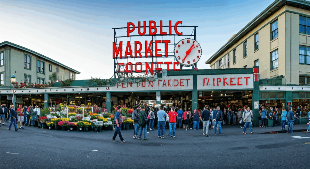Scenic view of Seattle, Washington skyline with the Space Needle, Mount Rainier in the background, and Elliott Bay waterfront — iconic Pacific Northwest travel destination, top attractions, and things to do in Seattle.