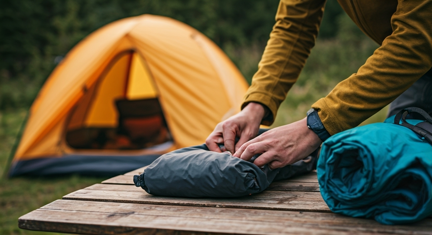 Hiker organizing gear outdoors; 