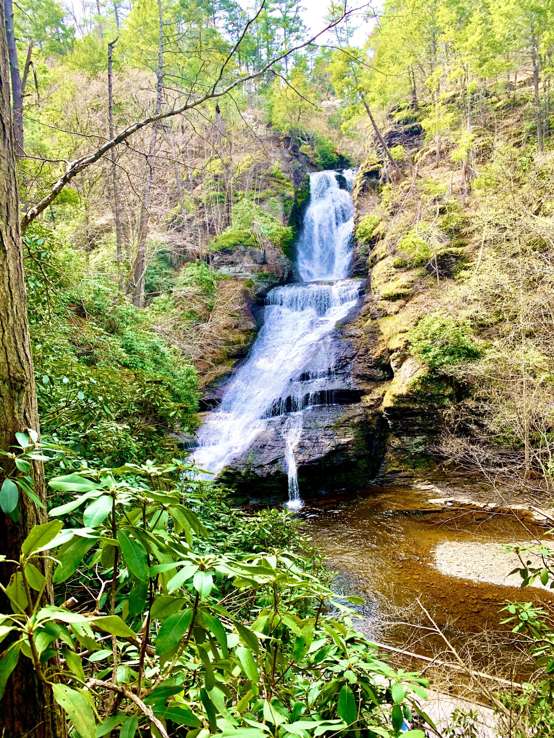 Scenic view of the Delaware Water Gap with lush green mountains, the Delaware River winding through the valley, and clear blue skies—capturing the natural beauty of this iconic outdoor destination on the Pennsylvania–New Jersey border; travel guide to Pennsylvania