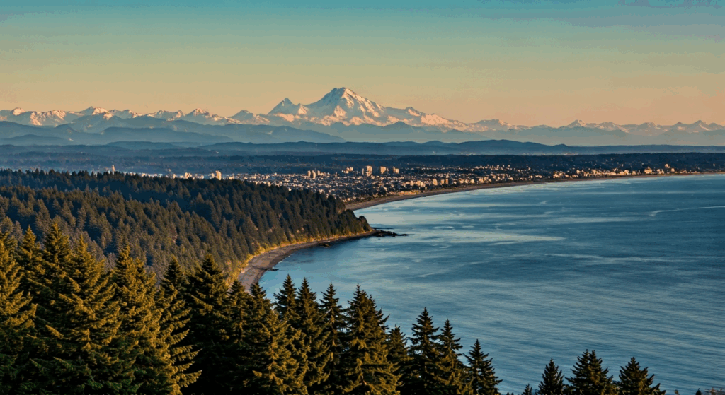 Scenic view of Seattle, Washington skyline with the Space Needle, Mount Rainier in the background, and Elliott Bay waterfront — iconic Pacific Northwest travel destination, top attractions, and things to do in Seattle; best places to visit in Washington