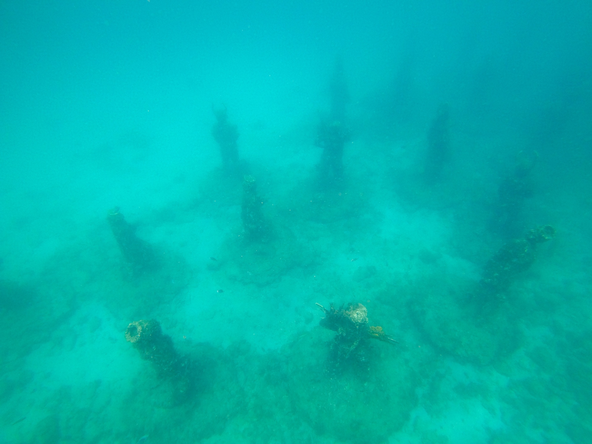 Diver swimming over the Underwater Sculpture Park in Molinière Bay, Grenada, with coral-encrusted figures on the sandy seabed. Safety tips for traveling in Grenada