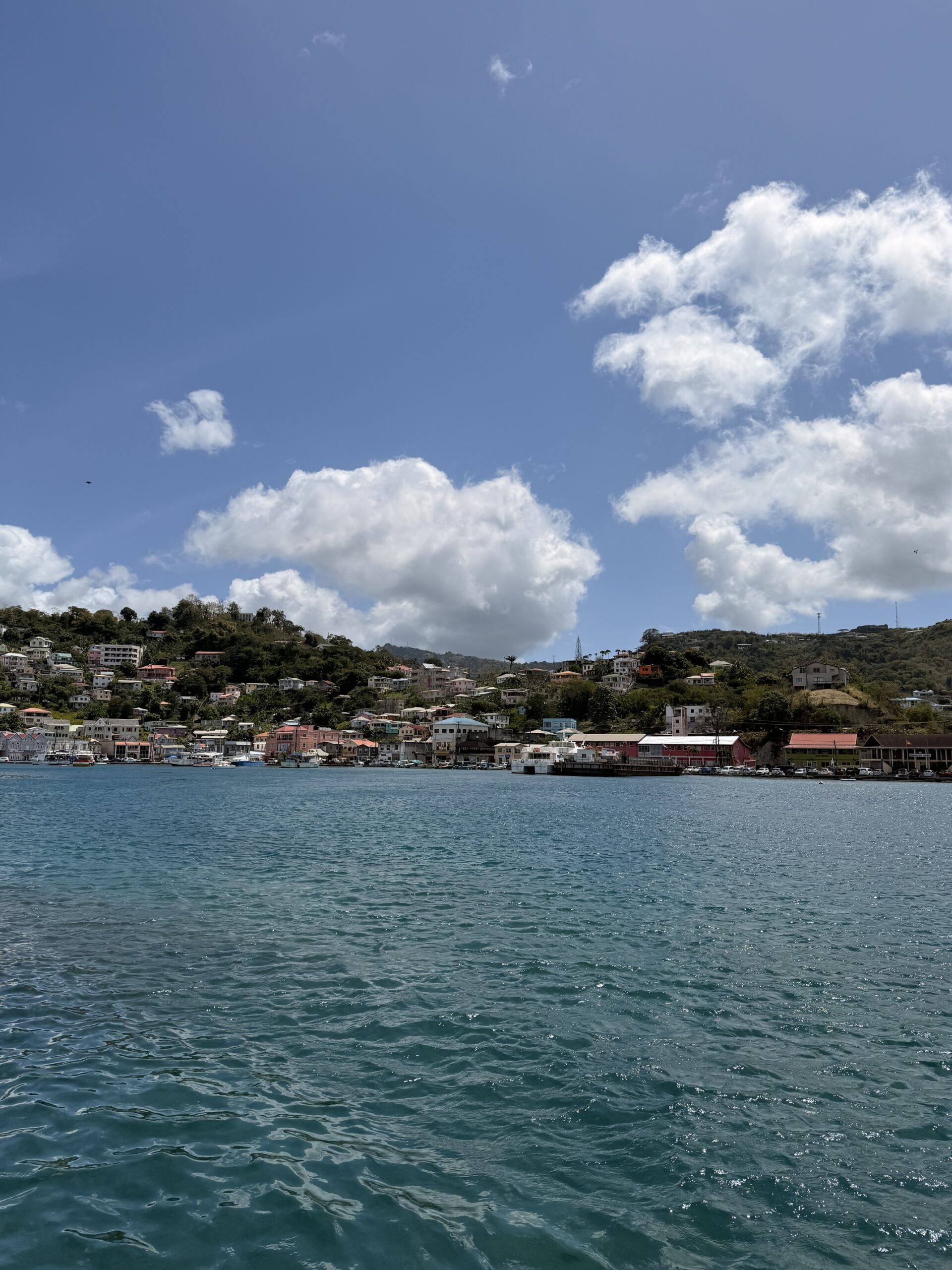 colourful colonial buildings lining the waterfront of St. George's harbour, Grenada, with fishing boats moored in the calm blue Carenage; travel guide to Grenada