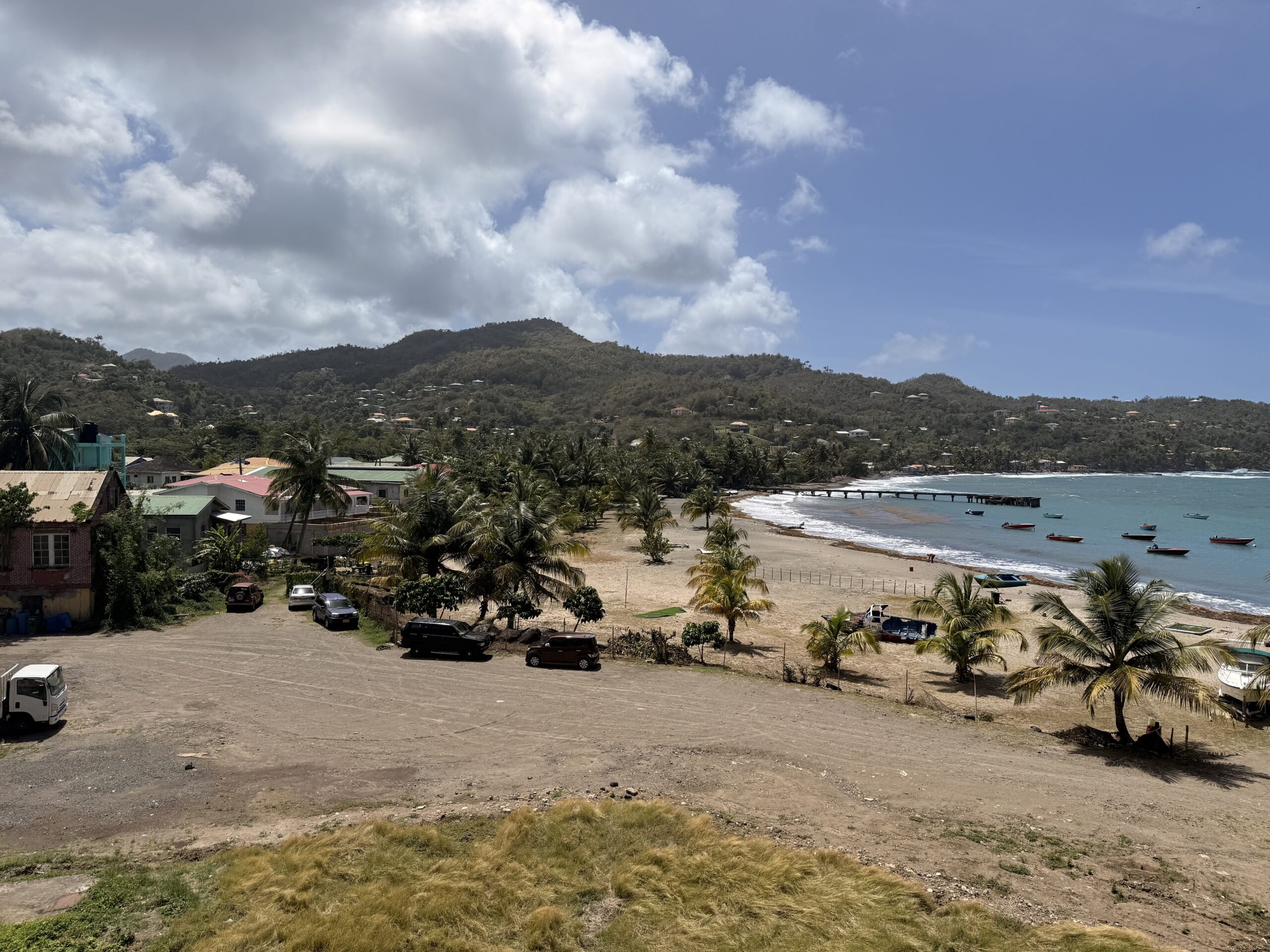 colourful colonial buildings lining the waterfront of St. George's harbour, Grenada, with fishing boats moored in the calm blue Carenage