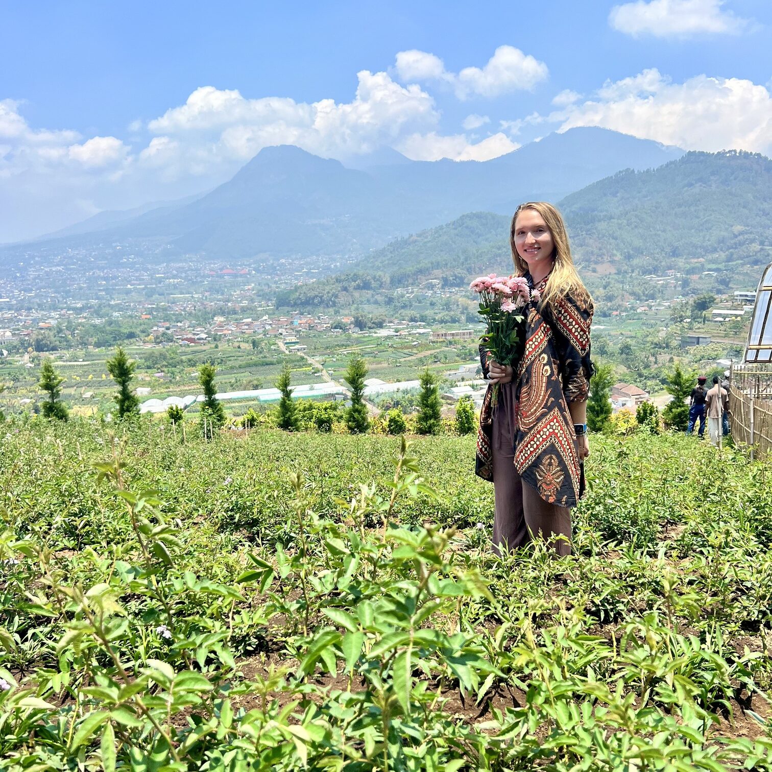 Scenic view of Indonesia featuring lush green rice terraces, a towering volcano in the distance, and vibrant tropical flora, showcasing the natural beauty and cultural richness of Southeast Asia's largest archipelago. Perfect for travel inspiration, adventure tourism, and exploring Indonesia's unique landscapes."